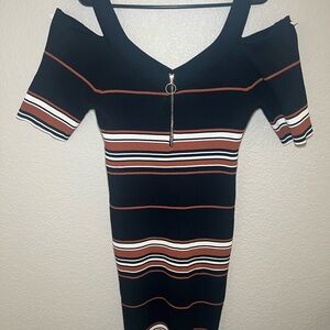 Stylish Black and Brown Striped Off-Shoulder Dress